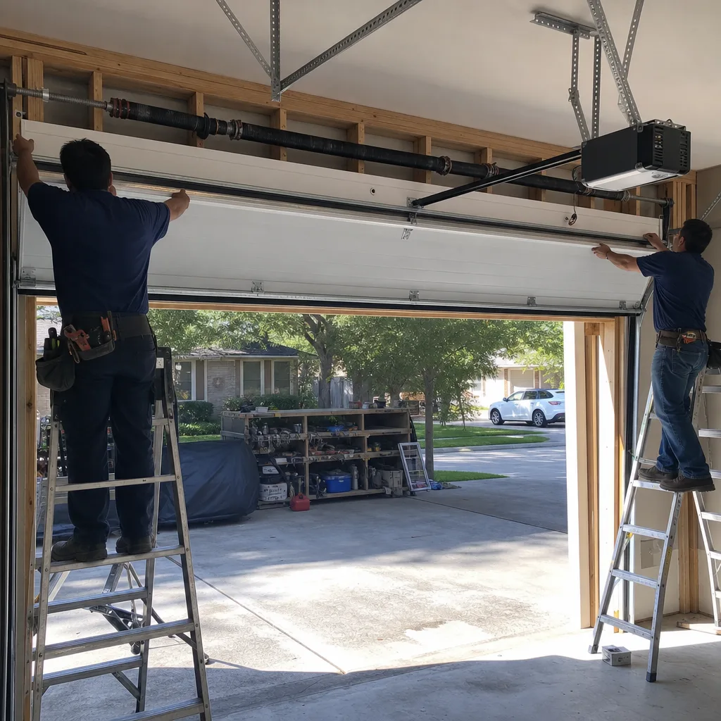 Two technicians installing a new garage door on ladders