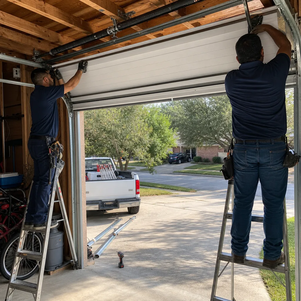 Two technicians installing a white residential garage door on a ladder.