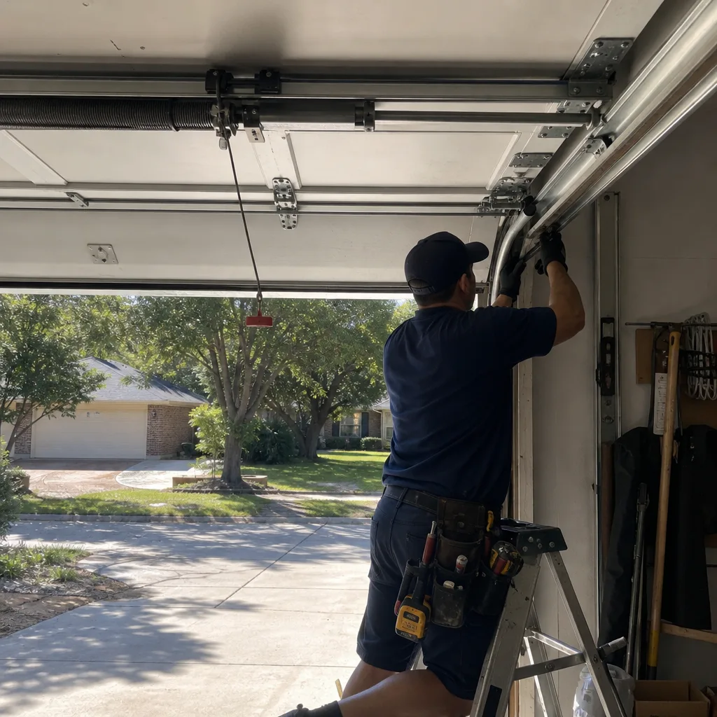 Professional technician performing residential garage door opener repair