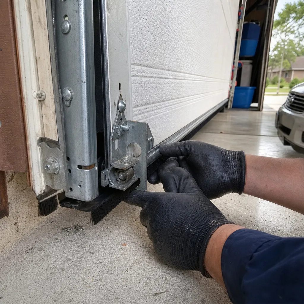 Technician performing professional garage door opener maintenance and repair