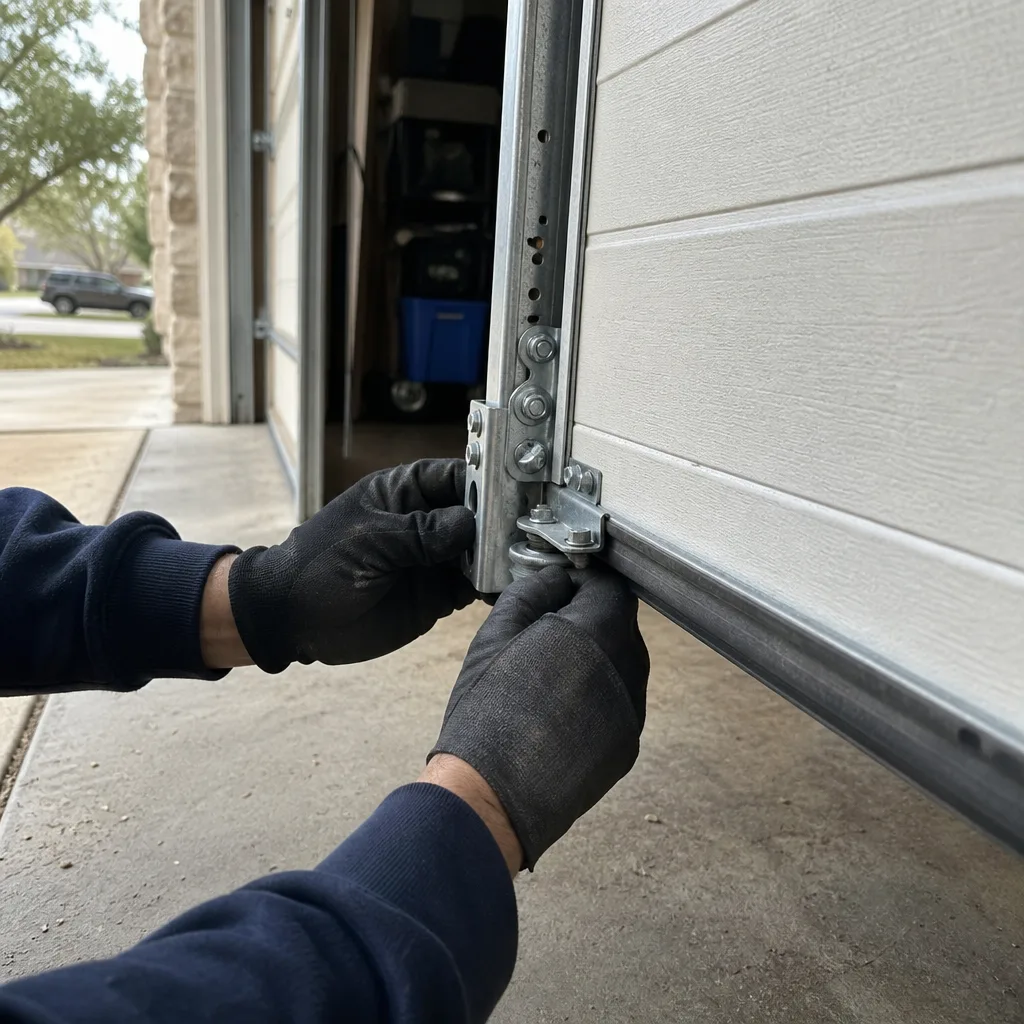 Technician performing emergency garage door repair and hardware maintenance nationwide