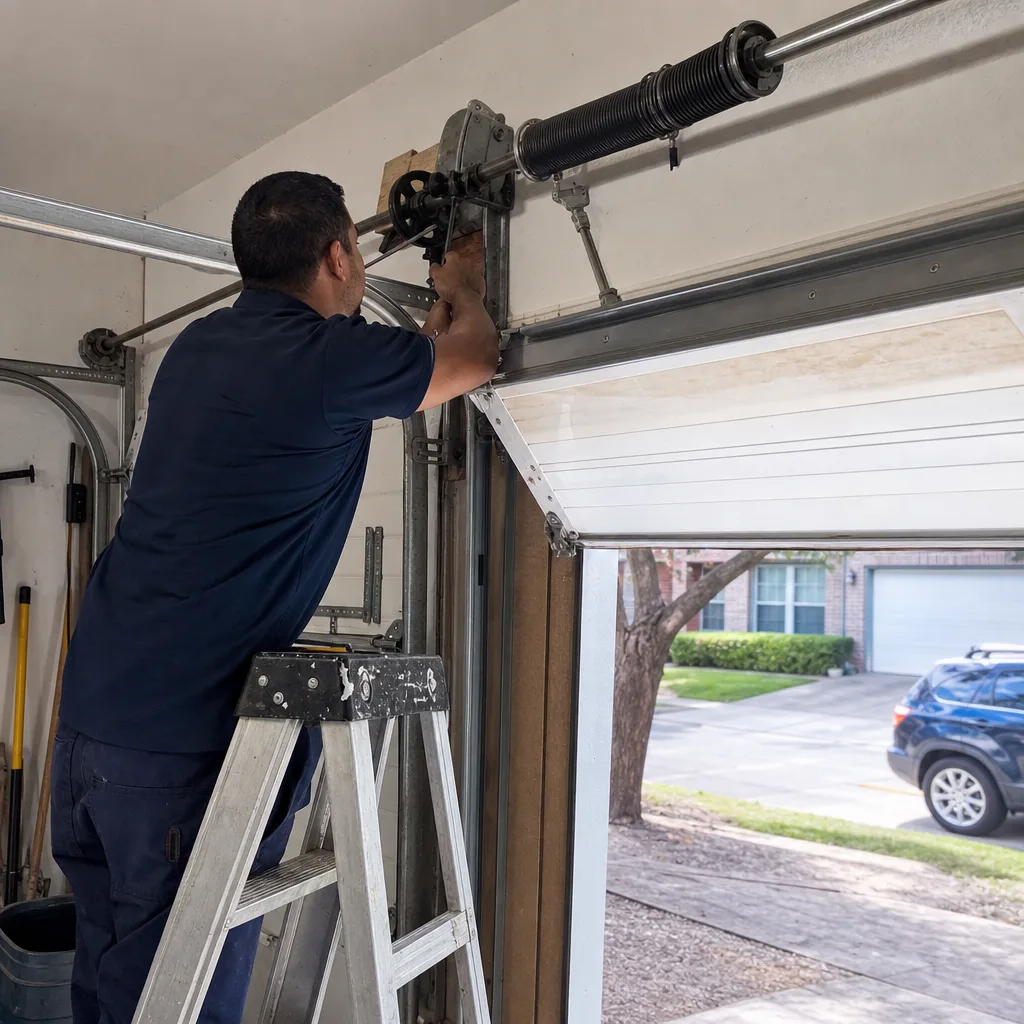 Technician performing emergency garage door repair on a residential door nationwide