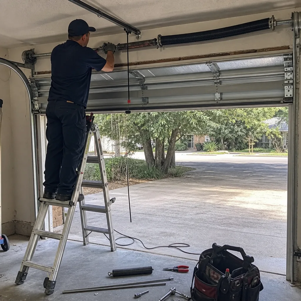 Technician performing emergency garage door spring repair nationwide
