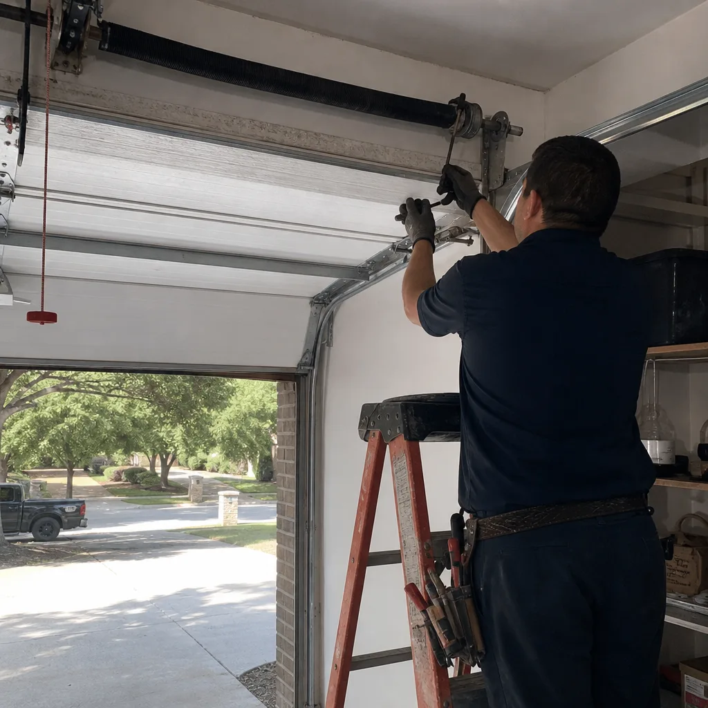 Technician performing professional garage door spring repair and maintenance nationwide