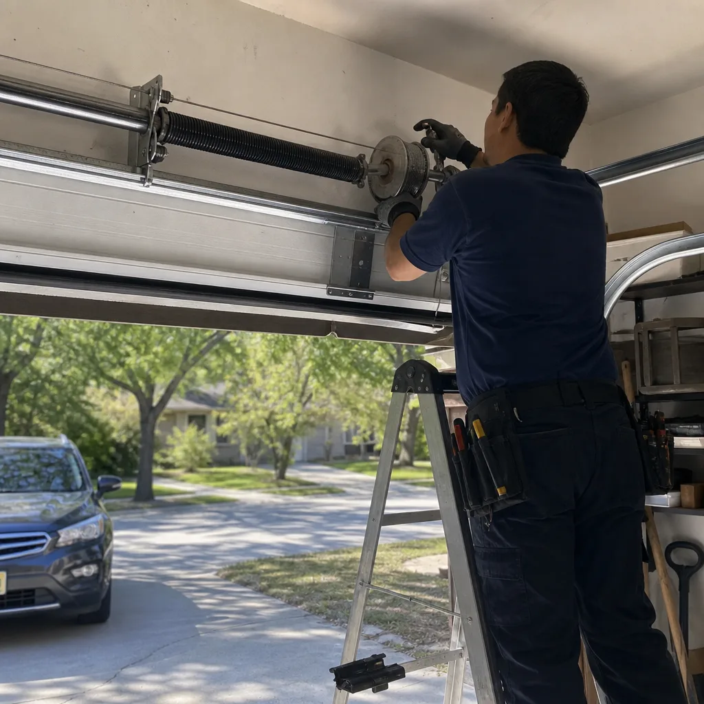Technician performing professional garage door spring and cable repair nationwide