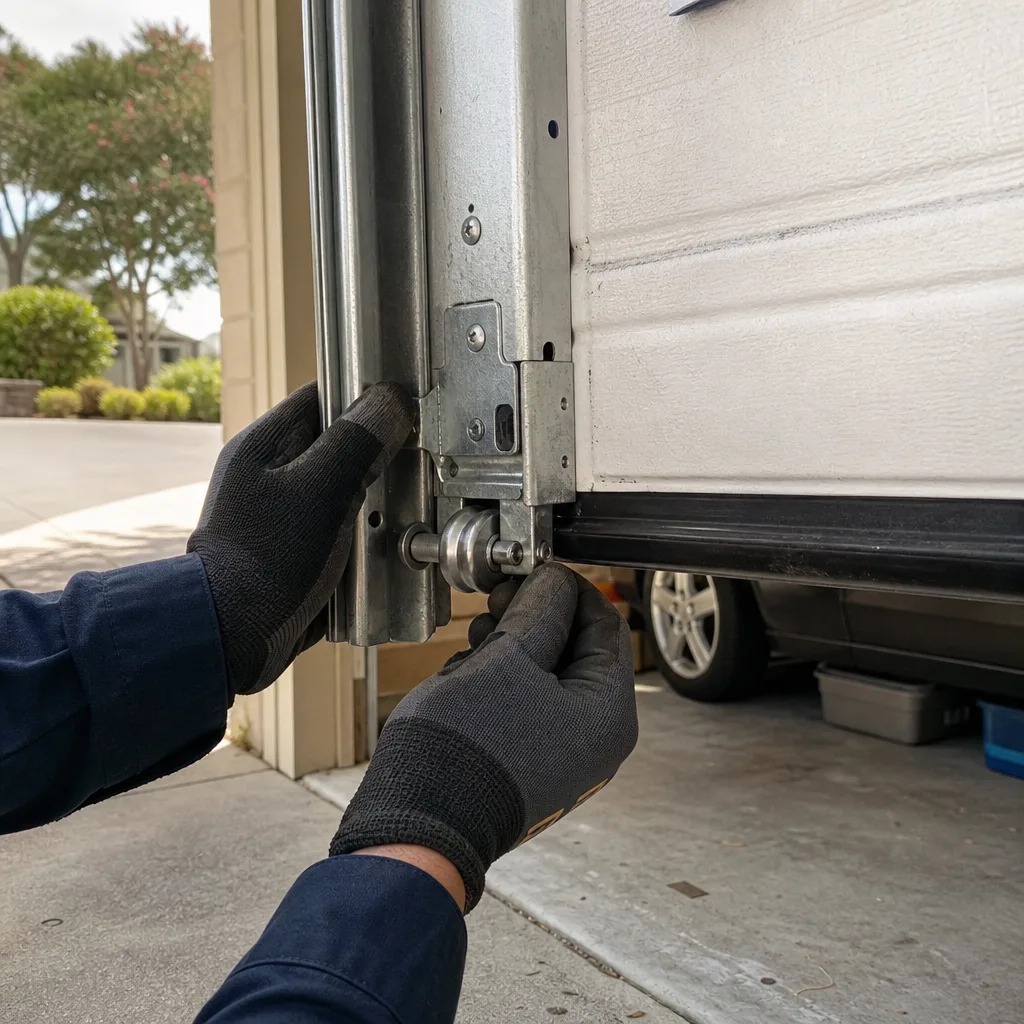 Technician performing professional garage door roller maintenance and repair nationwide