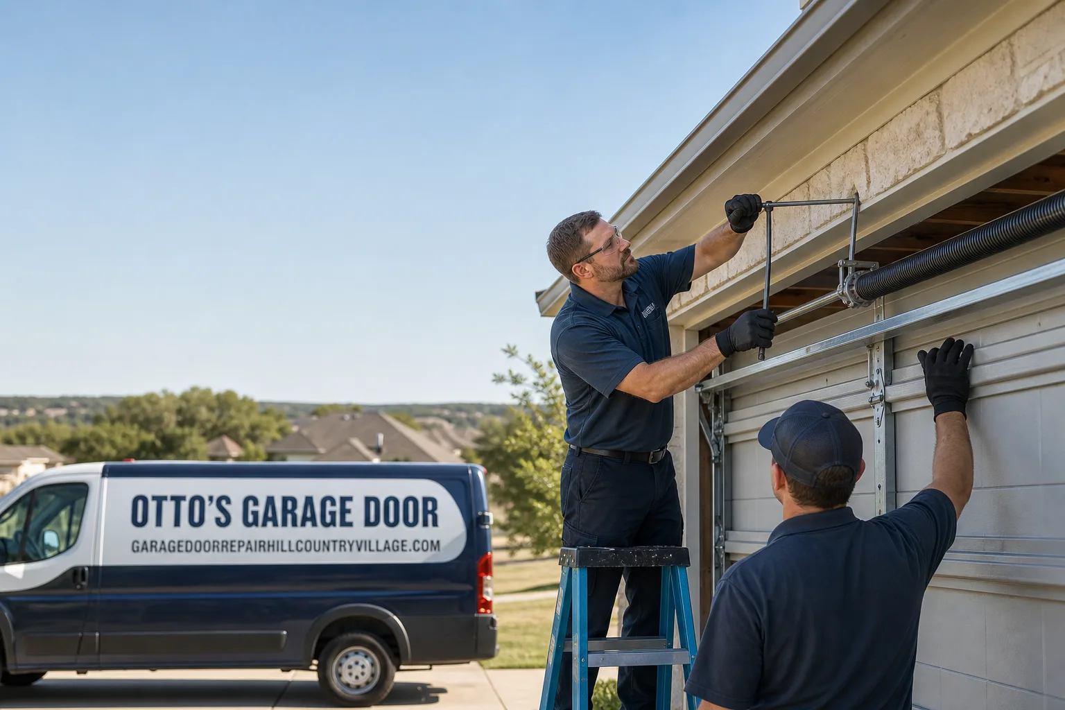 Otto's Garage Door garage door service vehicle and crew in Hill Country Village, TX